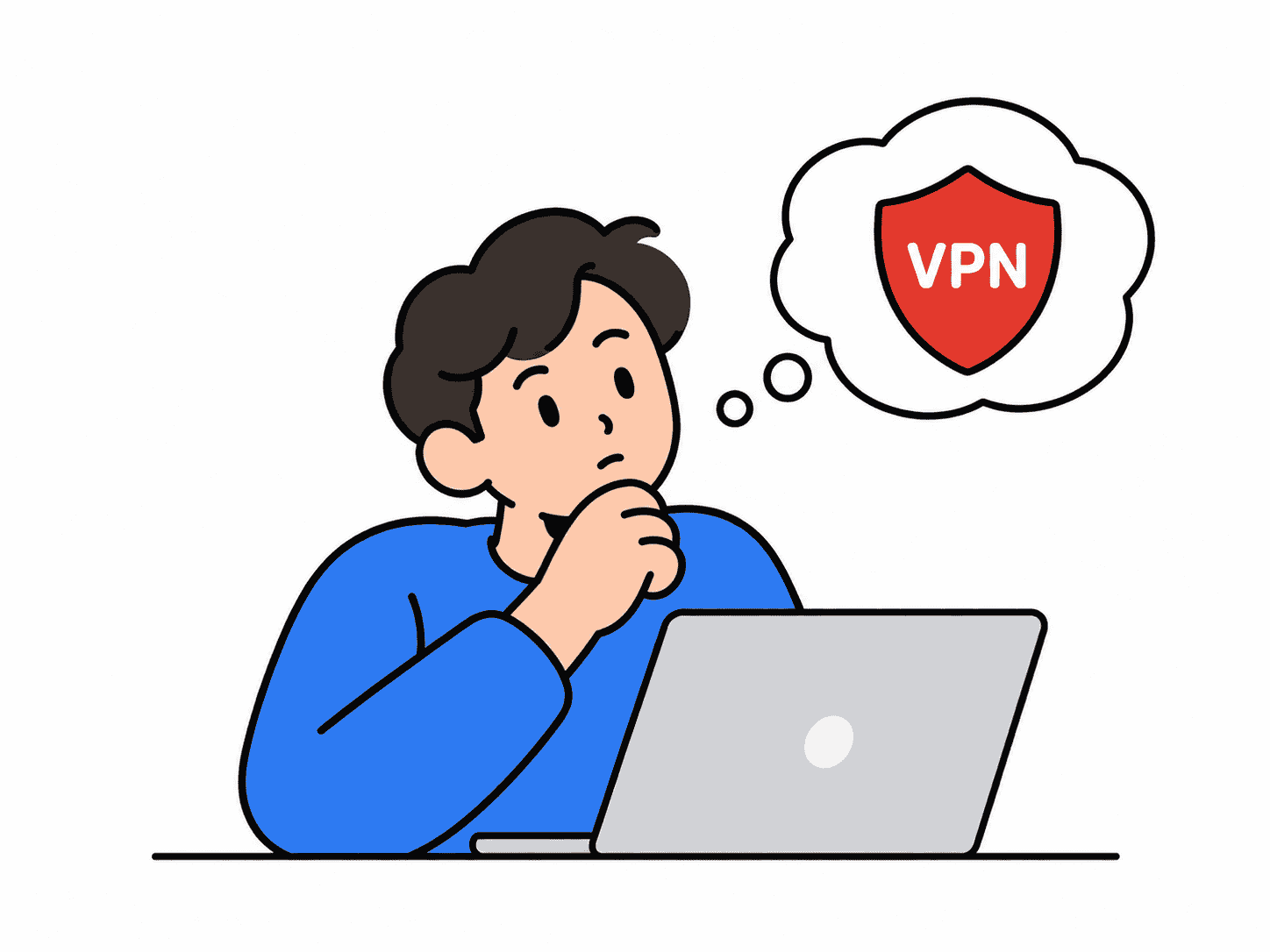 노트북 앞에서 VPN을 고민하는 사람 일러스트